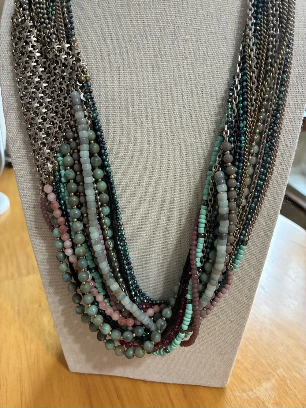 Stella & Dot Layered Beaded and Chain Necklace in Teal, Green and Pink